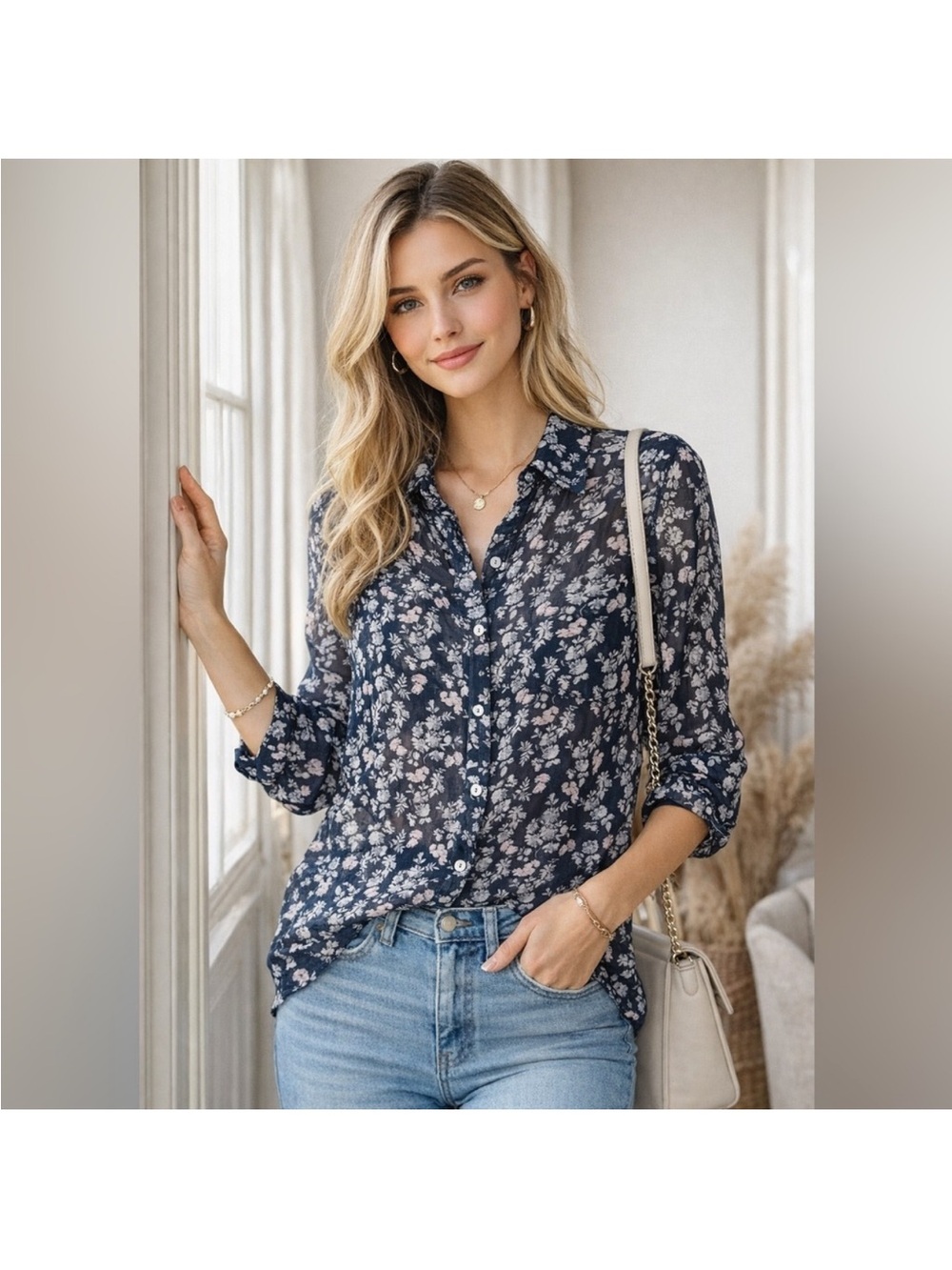 Abercrombie & Fitch Navy‎ and White Floral Button-Down Shirt